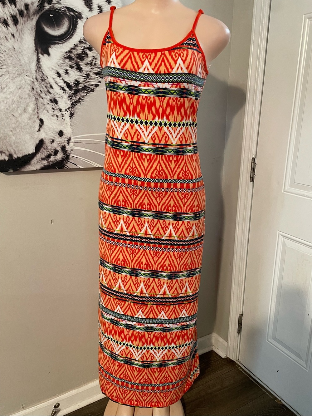 Vintage Y2K Derek Heart Orange Tribal Print Spaghetti Strap Maxi Dress Bodycon L